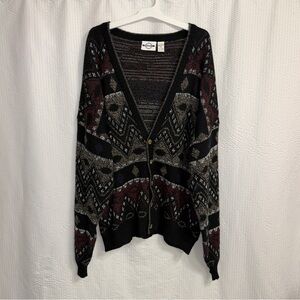 Vintage Piccadilly Geometric Knit Cardigan Sweater 2XL Tall Made In Korea Retro